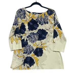 Charter Club Pullover Top Women's Large Blue Yellow Flowers 3/4 Sleeves